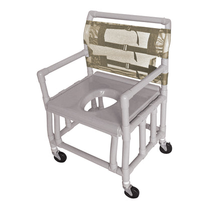 Healthline Bariatric Shower Commode Chair with Vacuum Seat, made of PVC, features a cutout seat and wheels for mobility.