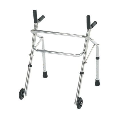 The Guardian Pediatric Walker is a silver walker with two front wheels, adjustable legs, and black handles for children.
