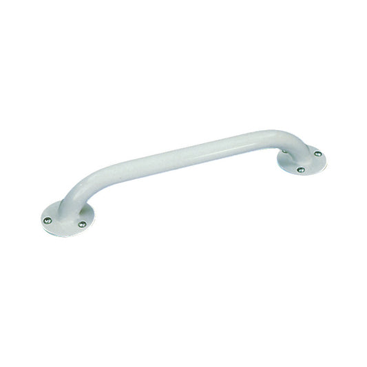 White "Drive Medical Tub/Bath Grab Bar" with round mounting plates and four screws, designed for bathroom safety.