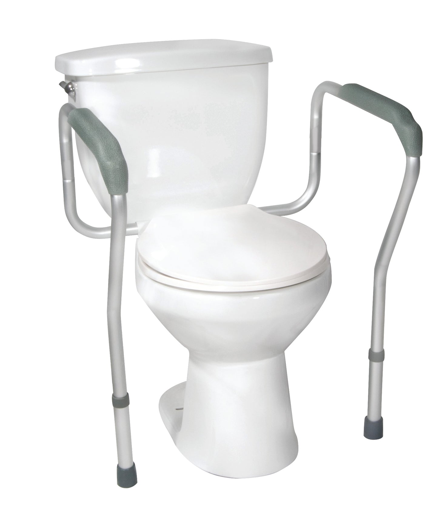 The Drive Medical Adjustable Toilet Safety Frame is attached to a toilet, featuring sturdy gray handles for added support.