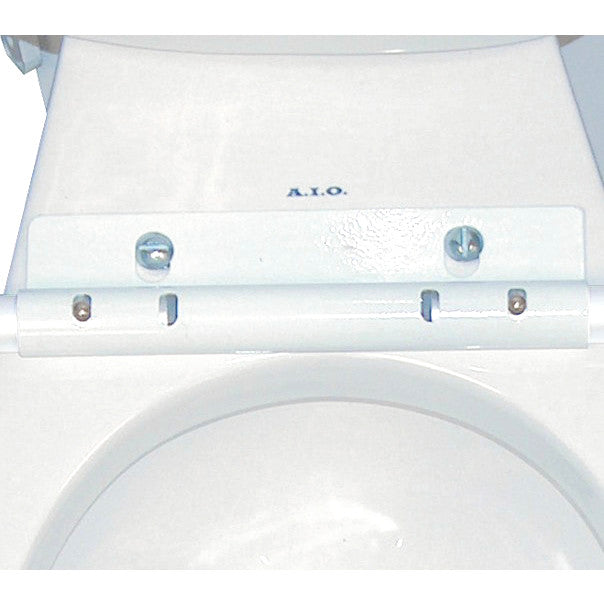 Drive Medical Adjustable Toilet Safety Frame, shown installed on a toilet, with white bars and mounting screws visible.