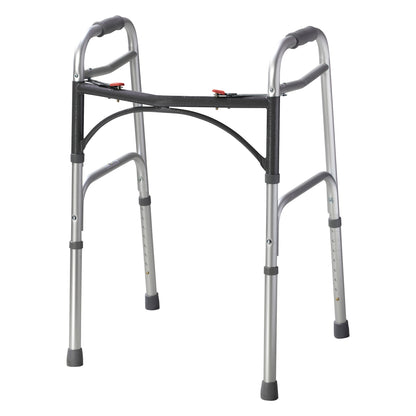 Drive Medical Deluxe Folding Walker with adjustable silver frame and black cushioned hand grips.