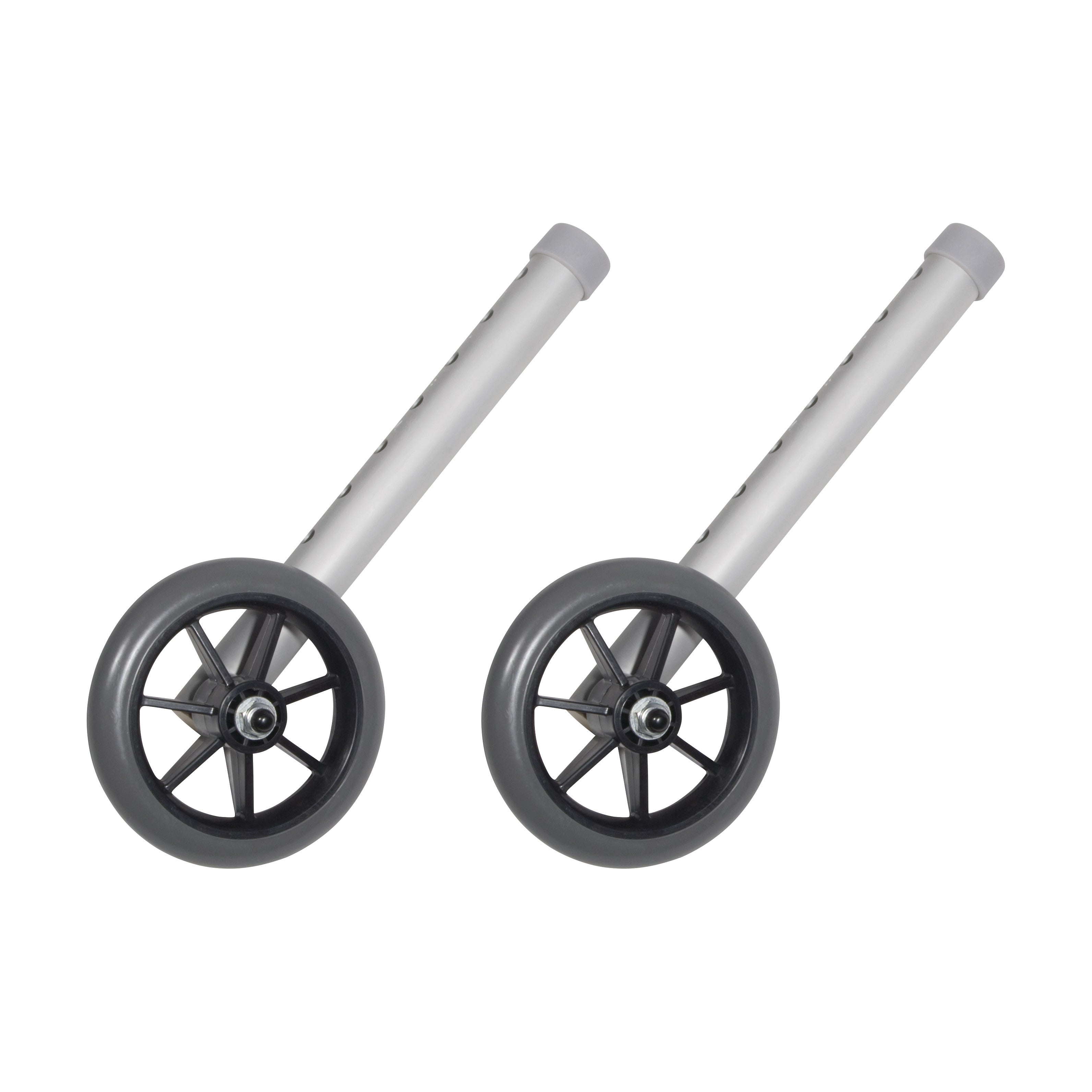 Two Drive Medical Walker Wheels with gray rubber tires and black spokes are attached to angled silver metal poles.