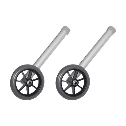 Two Drive Medical Walker Wheels with gray rubber tires and black spokes are attached to angled silver metal poles.