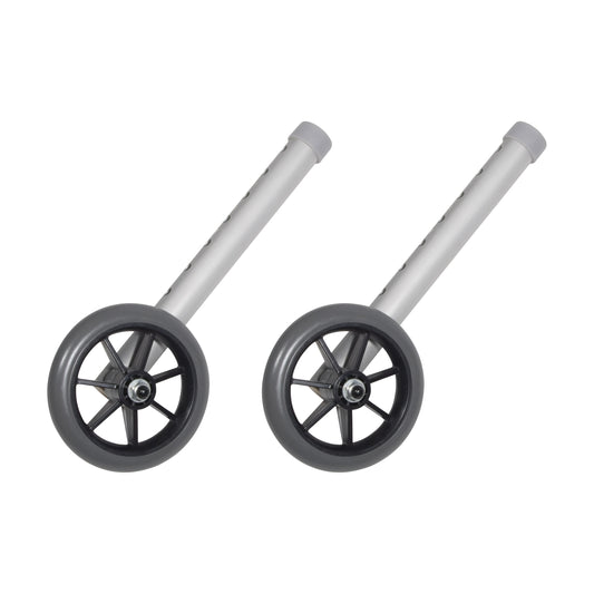 Two Drive Medical Walker Wheels with gray rims and black spokes attached to aluminum legs, shown on a white background.