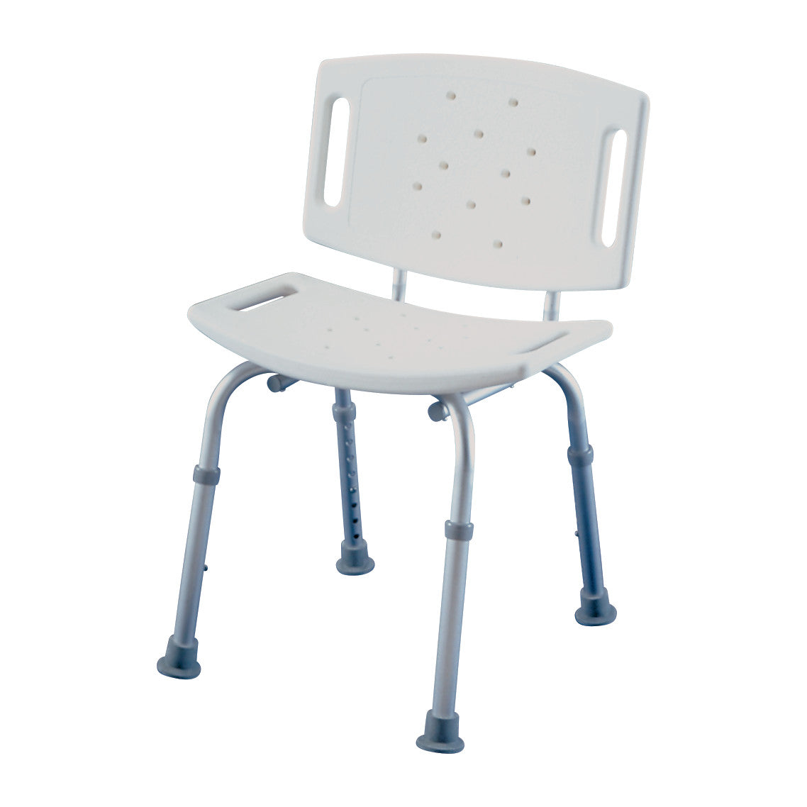 A white Shower Bench with a backrest, featuring adjustable metal legs and drainage holes on the seat and backrest.