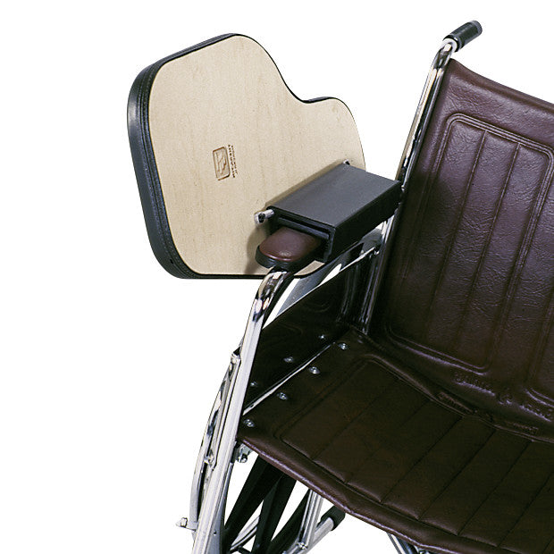 A wheelchair with a brown seat featuring a Therafin Padded Flip-Away Arm Support, which includes a padded wooden panel.