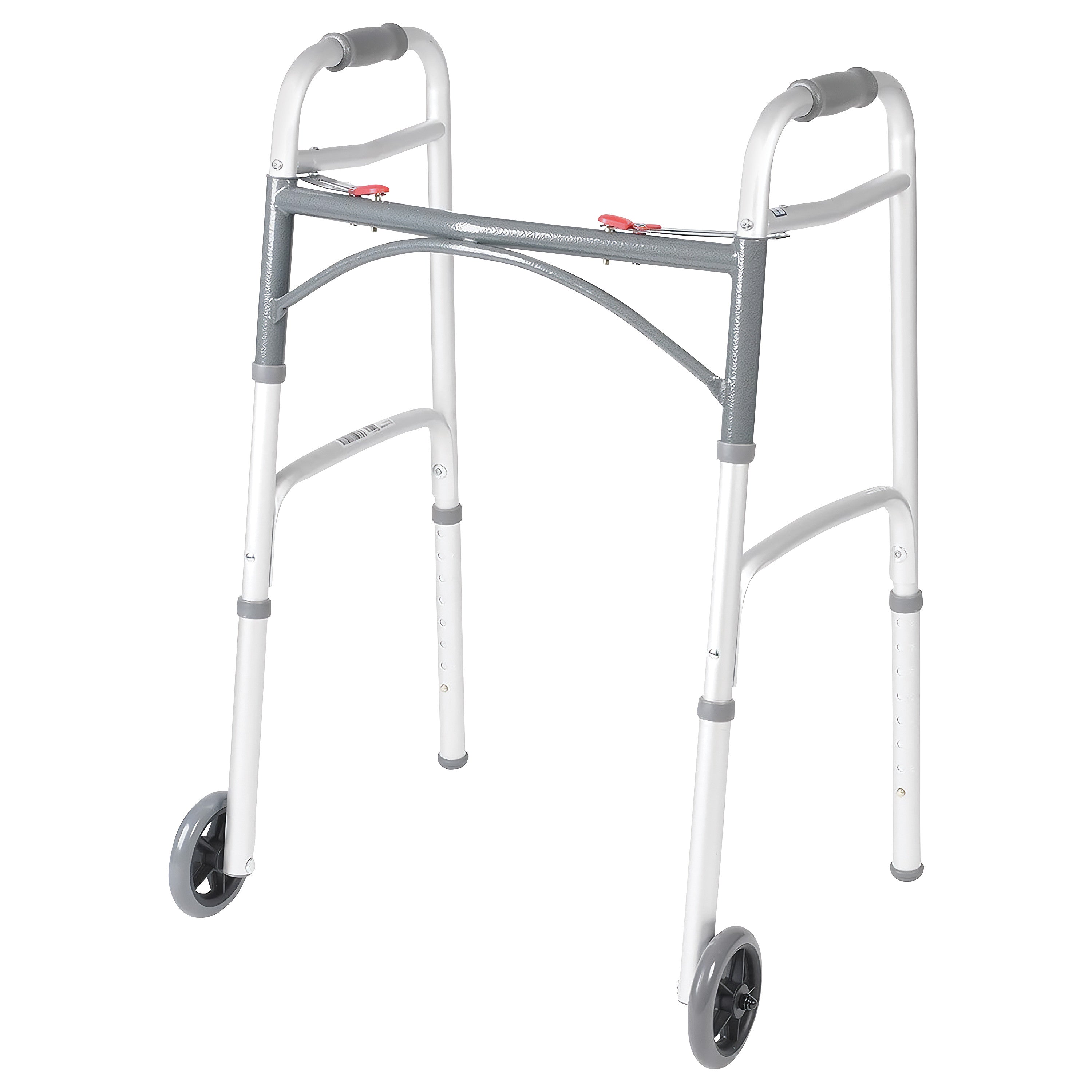 The Drive Medical Deluxe Folding Walker features a lightweight metal frame with two wheels, padded handles, and adjustable height.
