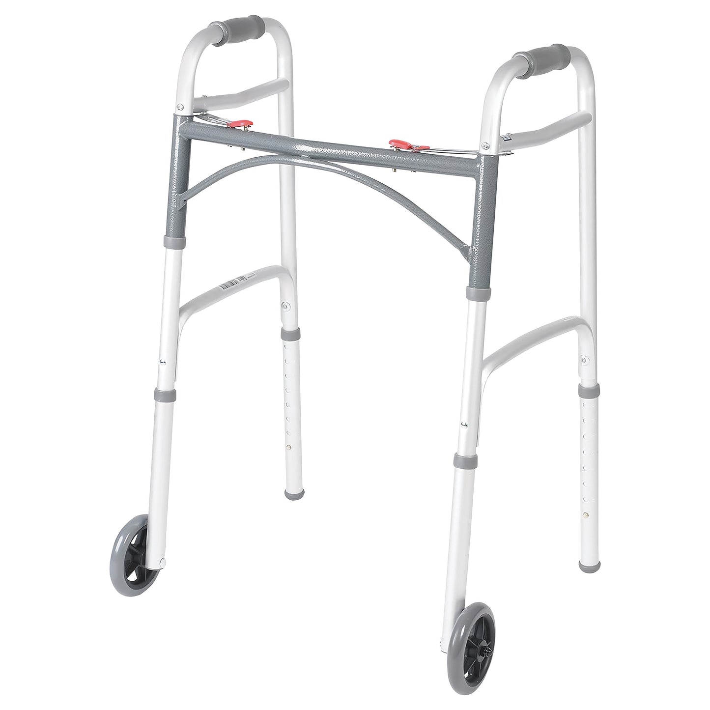 The Drive Medical Deluxe Folding Walker features a lightweight metal frame with two wheels, padded handles, and adjustable height.