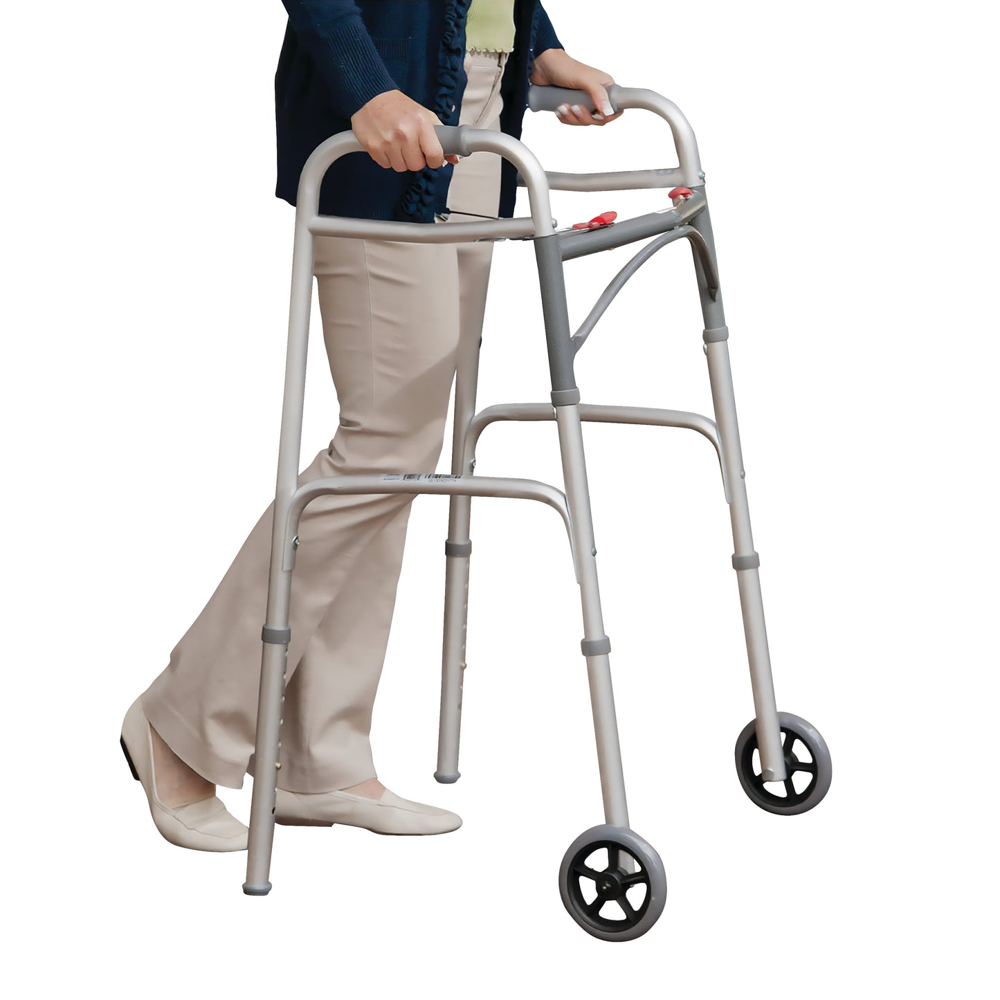 A person uses a Drive Medical Deluxe Folding Walker, which has two front wheels for mobility support.