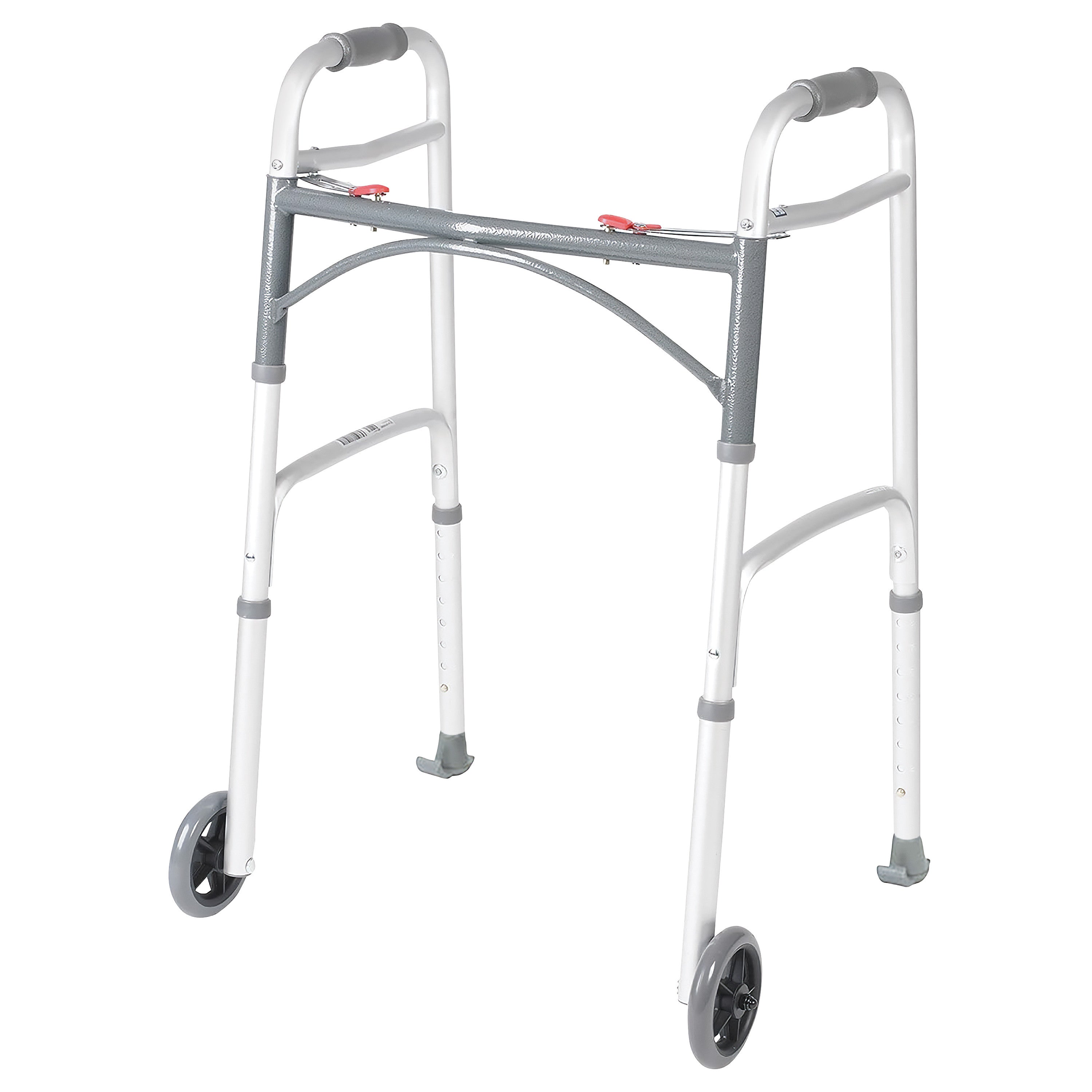 Drive Medical Deluxe Folding Walker with grey handles, two front wheels, and adjustable height, designed for mobility assistance.