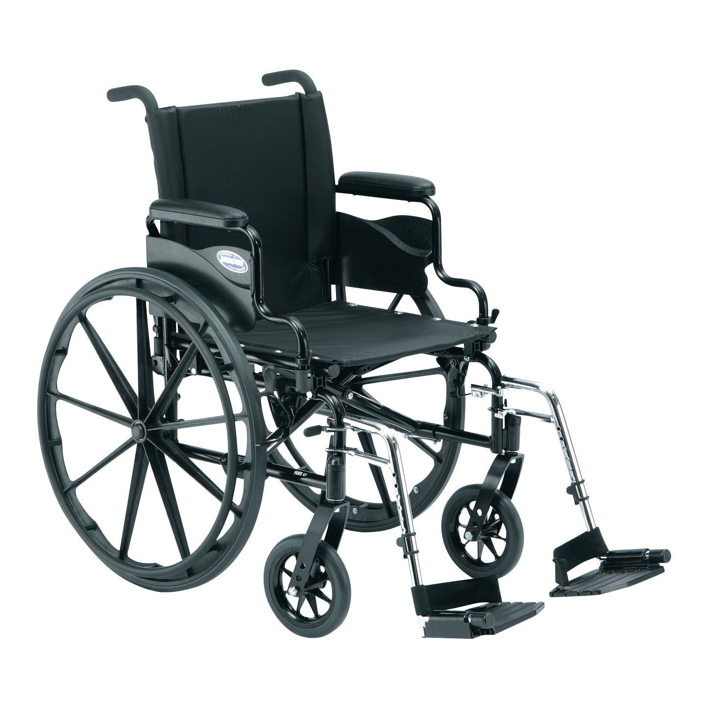 Invacare 9000XT Wheelchair with Adjustable Desk Arms and Elevating Leg Rests, featuring large rear wheels and smaller front casters.