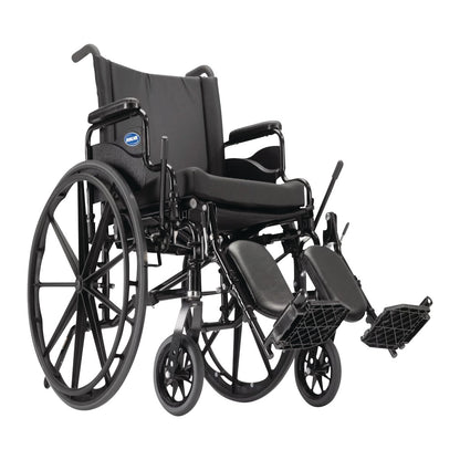 Invacare 9000 XDT Wheelchair with black upholstery, elevated leg rests, and large rear wheels designed for comfort and support.