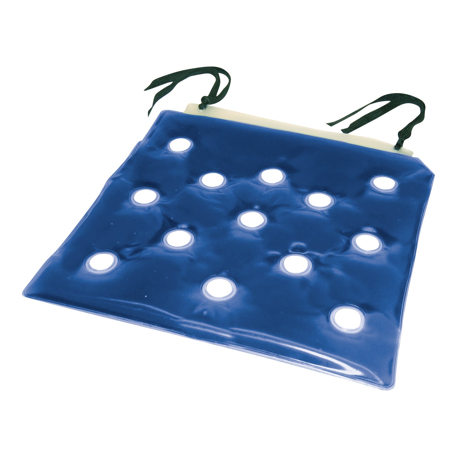 The SkiL-Care Gel-Lift Wheelchair Cushion is blue with multiple white circles and two green tie straps at the top.