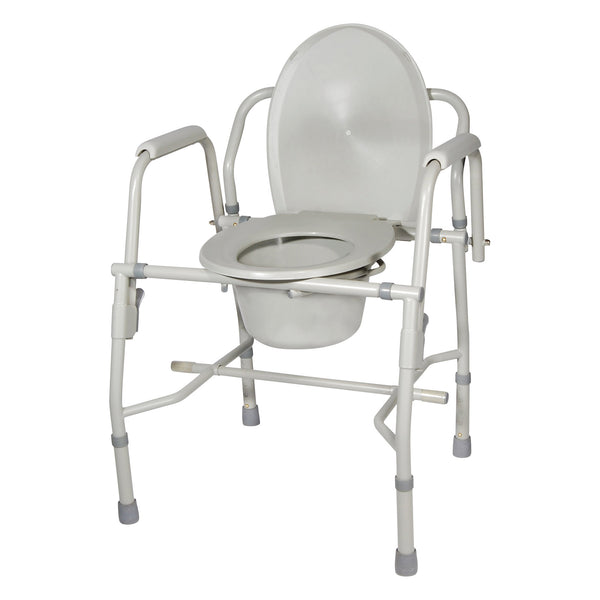 Drive Medical Deluxe Steel Drop-Arm Commode with a gray seat, removable bucket, and adjustable armrests, designed for patient use.