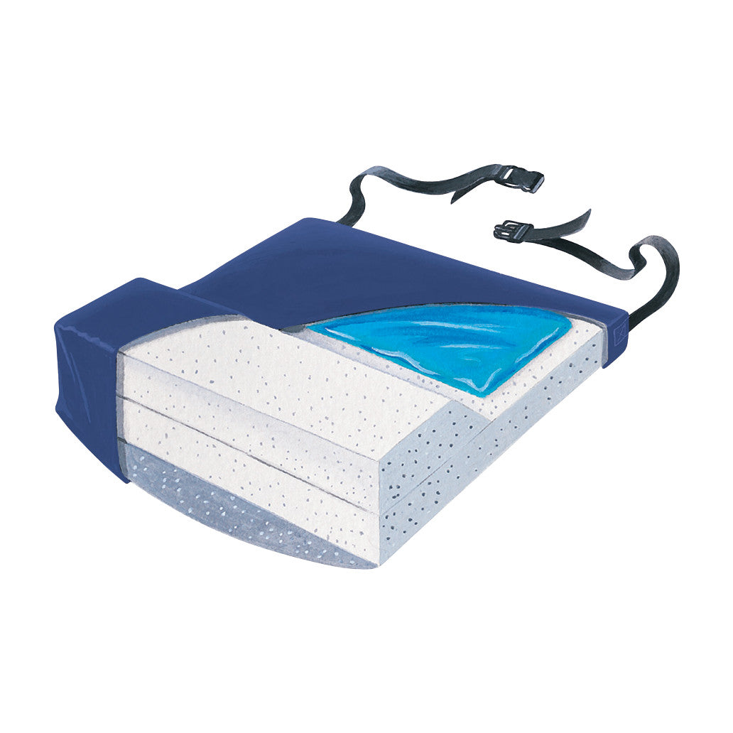 SkiL-Care Gel-Foam Anti-Thrust Wheelchair Cushion with Soft Base, showing cutaway layers and adjustable straps for attachment.