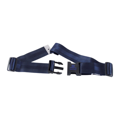 A navy blue AliMed Seatbelt with adjustable straps and a plastic buckle, designed for secure fastening.