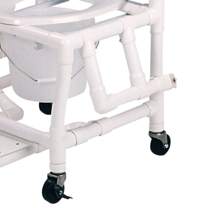 The Drop-Arm for Healthline Deluxe Shower Commode Chair features a white PVC frame with locking casters and a removable bucket.