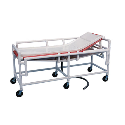 The Healthline Adjustable Back Shower Gurney features a white PVC frame, an adjustable backrest, and four swivel wheels.