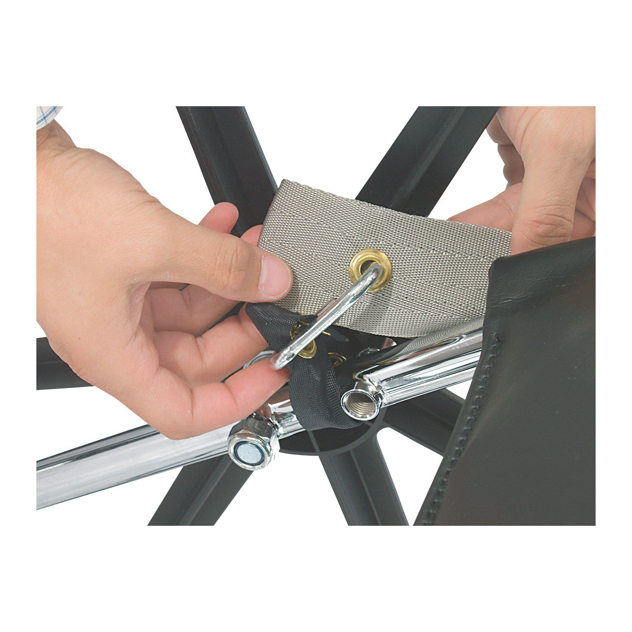 Hands attach the AliMed UniLoop Seatbelt Attachment to a metal frame using a loop with a grommet and metal clip.