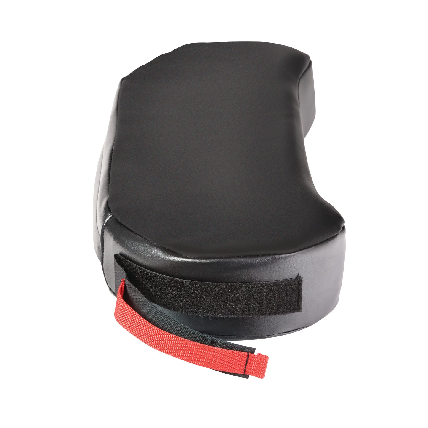 AliMed BreakAway Lap Cushion. It is black with hook and loop  and a red strap attached for fastening.