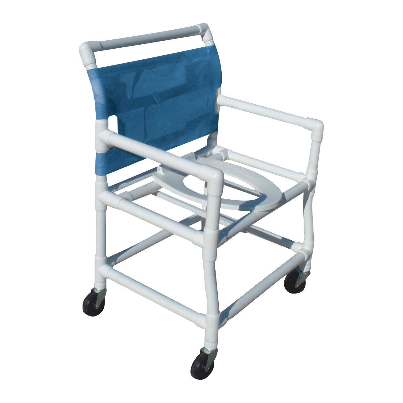 The Healthline Extra-Wide Shower Commode Chair features a PVC frame, a blue backrest, a commode seat, and four caster wheels.