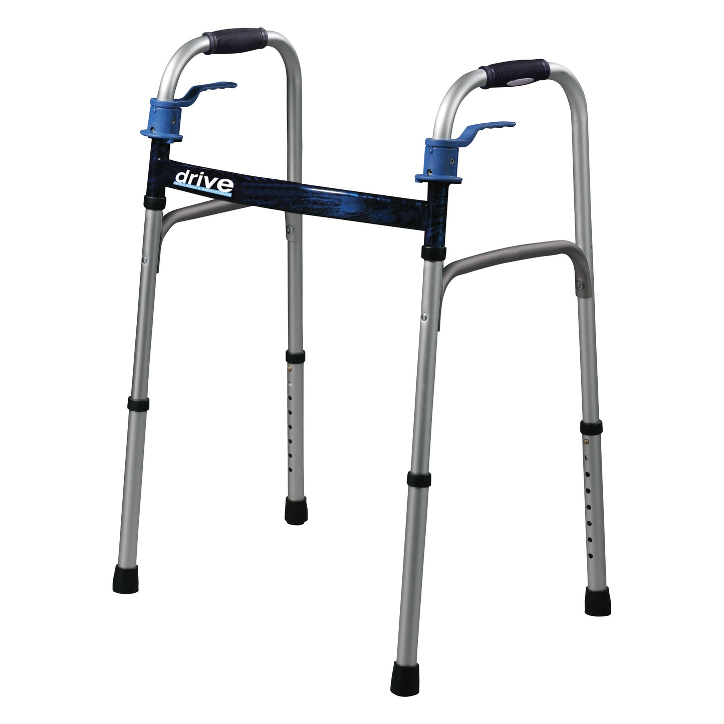 The image features a Drive Medical Deluxe Trigger-Release Folding Walker with adjustable legs and rubber grips, designed for stability.