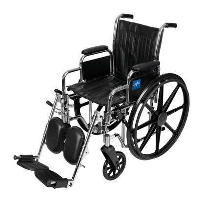 The Excel 2000 Wheelchair has removable desk-length arms and elevating leg rests, featuring a black seat and sturdy frame.