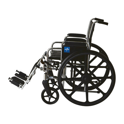 Excel 2000 Wheelchair with Removable Desk-Length Arms and Elevating Leg Rests features a chrome frame and large rear wheels.