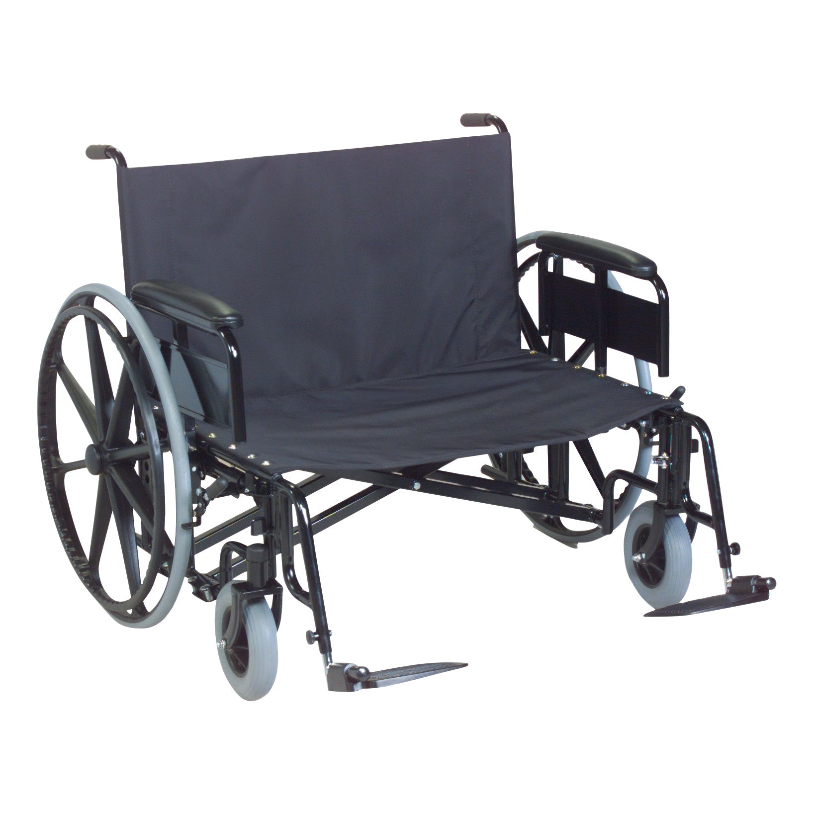 The ConvaQuip 900 Series Wheelchair is a wide, heavy-duty manual wheelchair with armrests and footrests for bariatric patients.