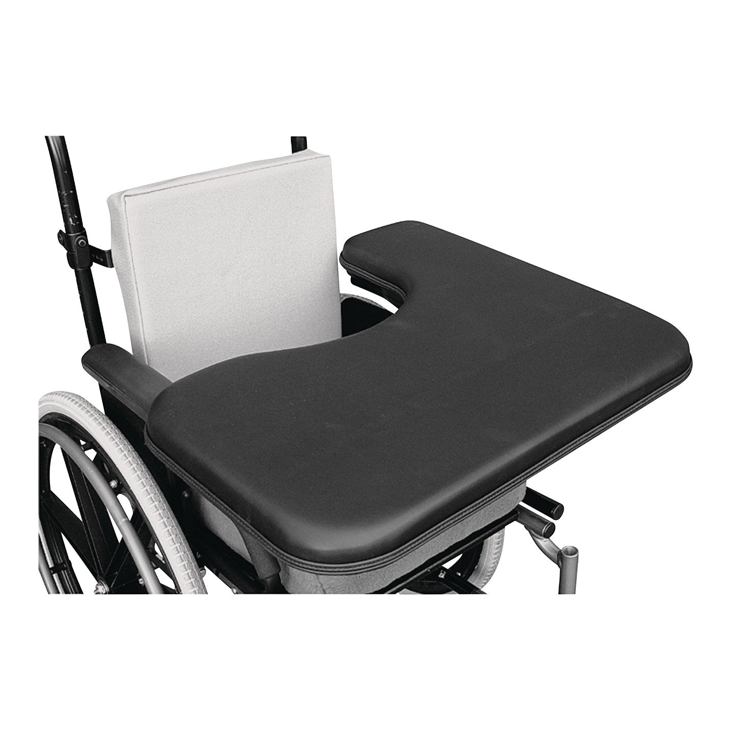 Therafin Padded Three-Quarter Tray attached to a wheelchair with a cushioned armrest and a cut-out section near the user.