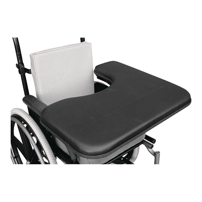 Therafin Padded Three-Quarter Tray attached to a wheelchair with a cushioned armrest and a cut-out section near the user.