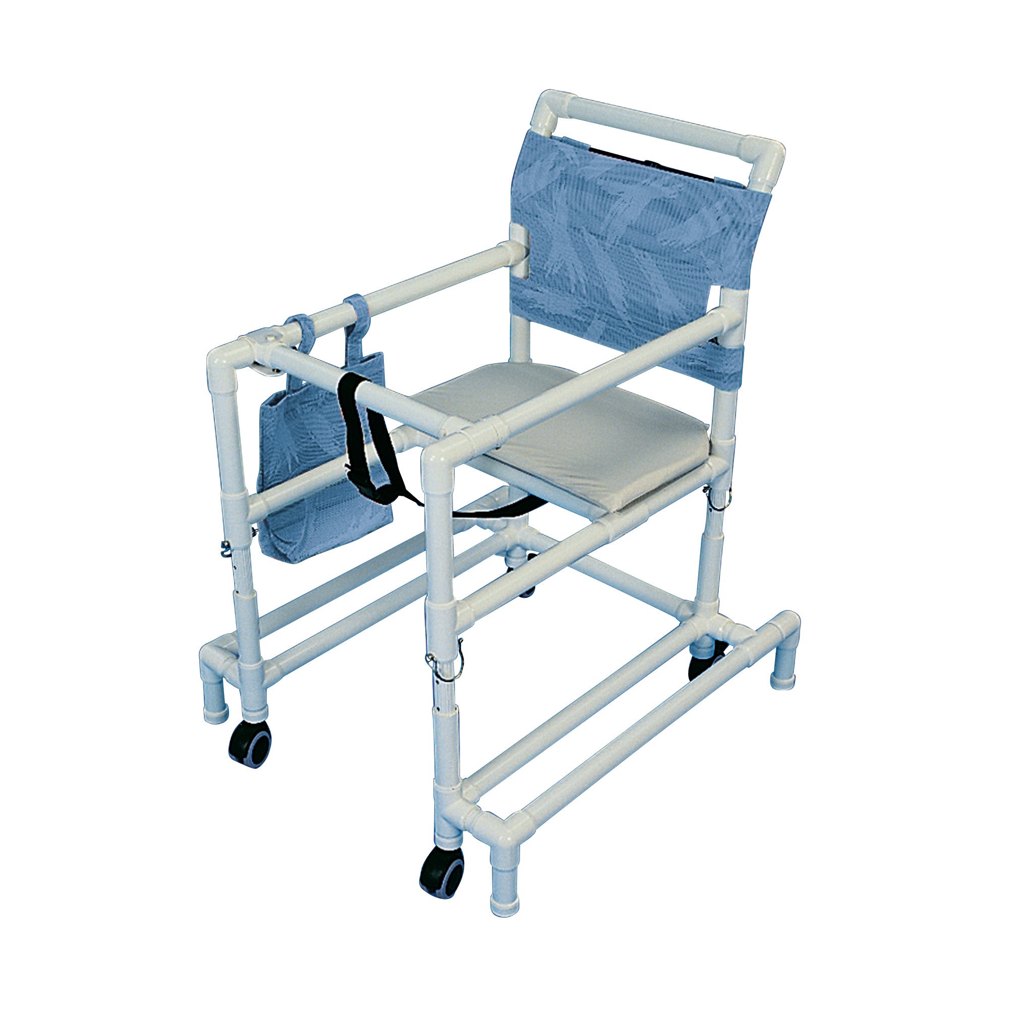The Millennium Walker is a white PVC chair with a blue fabric back, wheels, and a secure strap on the armrest.