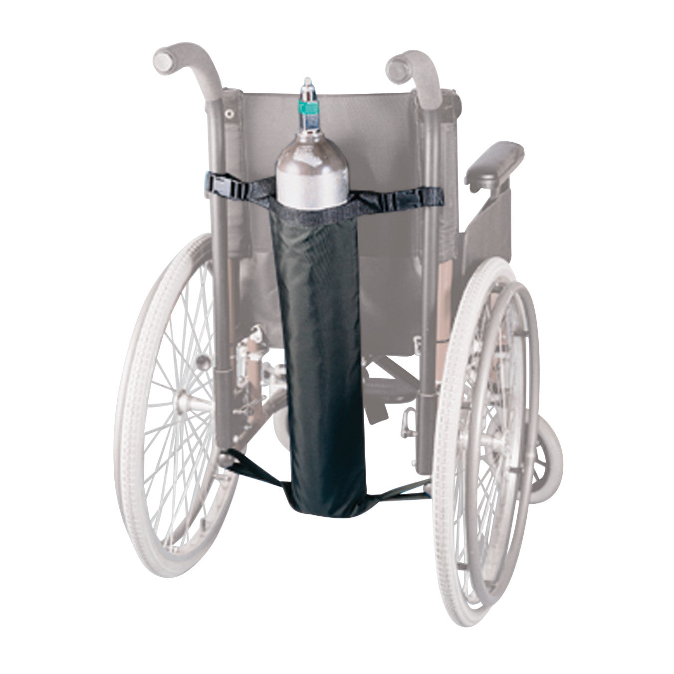 A wheelchair with a Nylon Oxygen Tank Holder attached to the back, holding an oxygen tank securely in place.