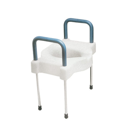 The Extra-Wide Elevated Toilet Seat with Legs features sturdy handles and supportive legs for bathroom accessibility.