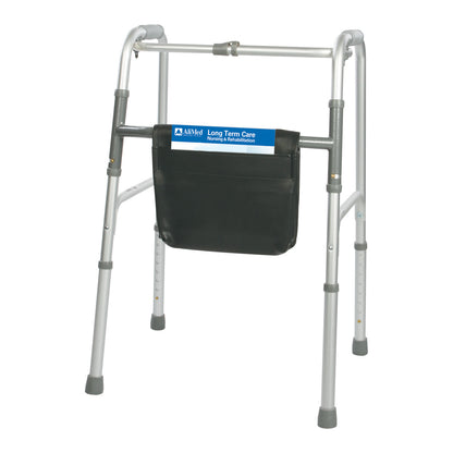 Silver walker with a black Walker Carry Bag attached, featuring handles and adjustable legs.