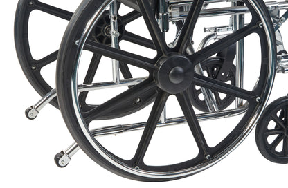 Close-up of a wheelchair's large black wheels with the AliMed Rear Anti-Tipper system attached, featuring small supporting wheels.
