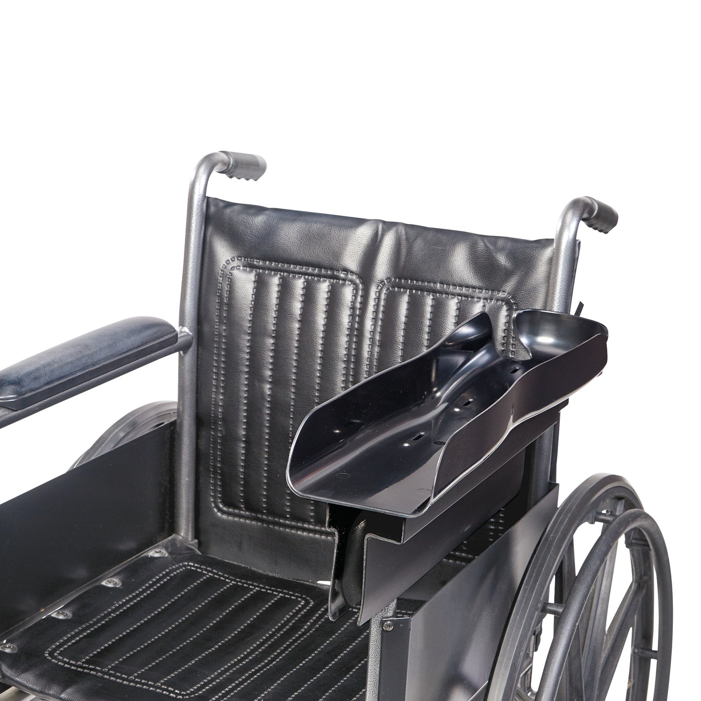A black AliMed Premier Wheelchair Arm Tray is mounted on the right armrest of a wheelchair, designed for patient support and comfort.