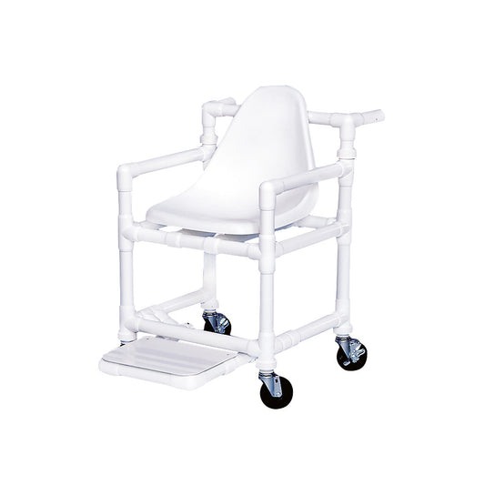 MRI Transport Chair with a white frame, plastic seat, footrest, and four black caster wheels for mobility.