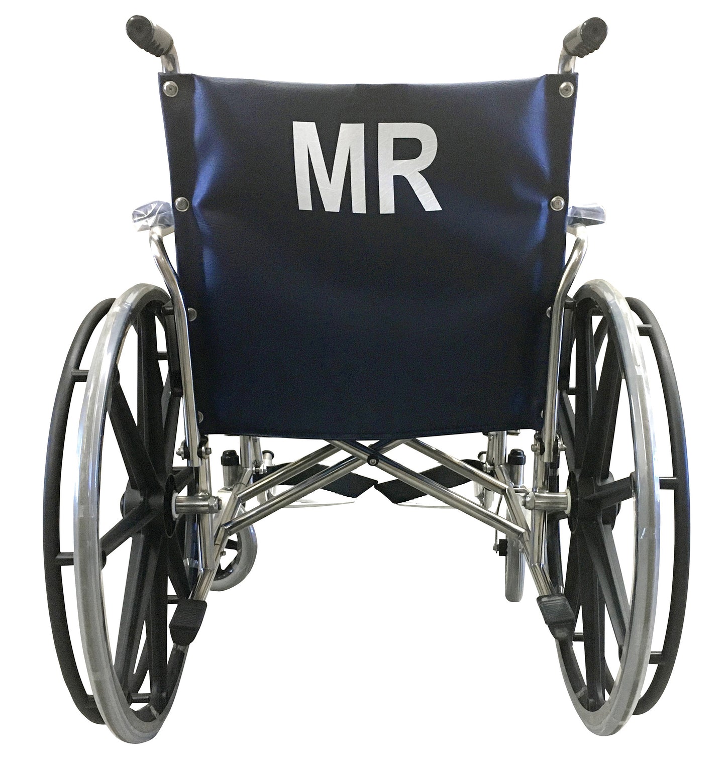 A rear view of the MR-Conditional Wheelchair with Removable Flip-Up Desk Arms and Footrests, showing its large wheels and backrest.