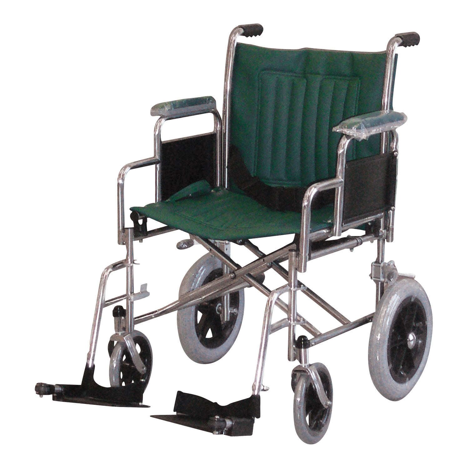 MRI Nonmagnetic Transport Chair with a green seat and backrest, silver frame, and footrests.