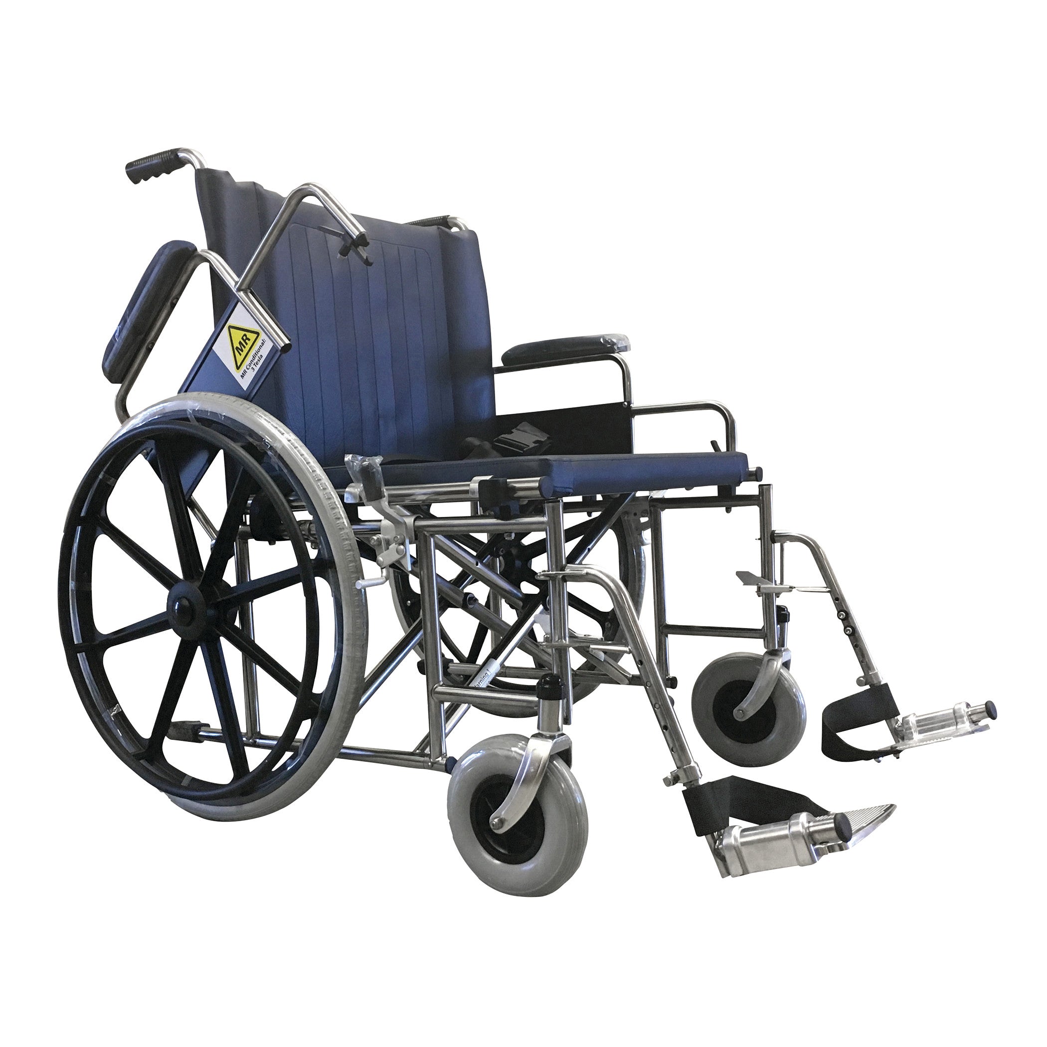 A Nonmagnetic MRI Wheelchair with Removable Desk Arms and Swing-Away Footrests, featuring a metal frame and large rear wheels.