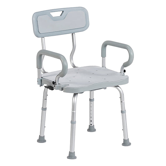 The Drive Medical PreserveTech 360 Swivel Bath Chair features adjustable legs, armrests, and a backrest for shower use.