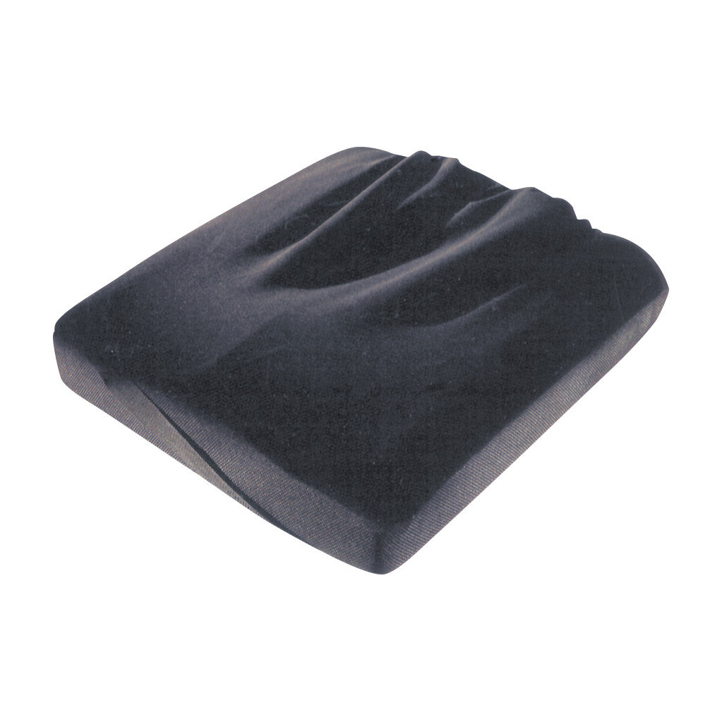 The Jay J2 Wheelchair Cushion is black, contoured, and designed to provide support and comfort for wheelchair users.