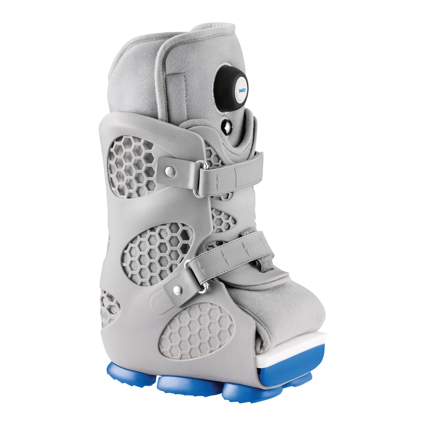 The DARCO Body Armor PFA Walker is a gray orthopedic boot with hexagonal cutouts, blue sole, and adjustable straps.