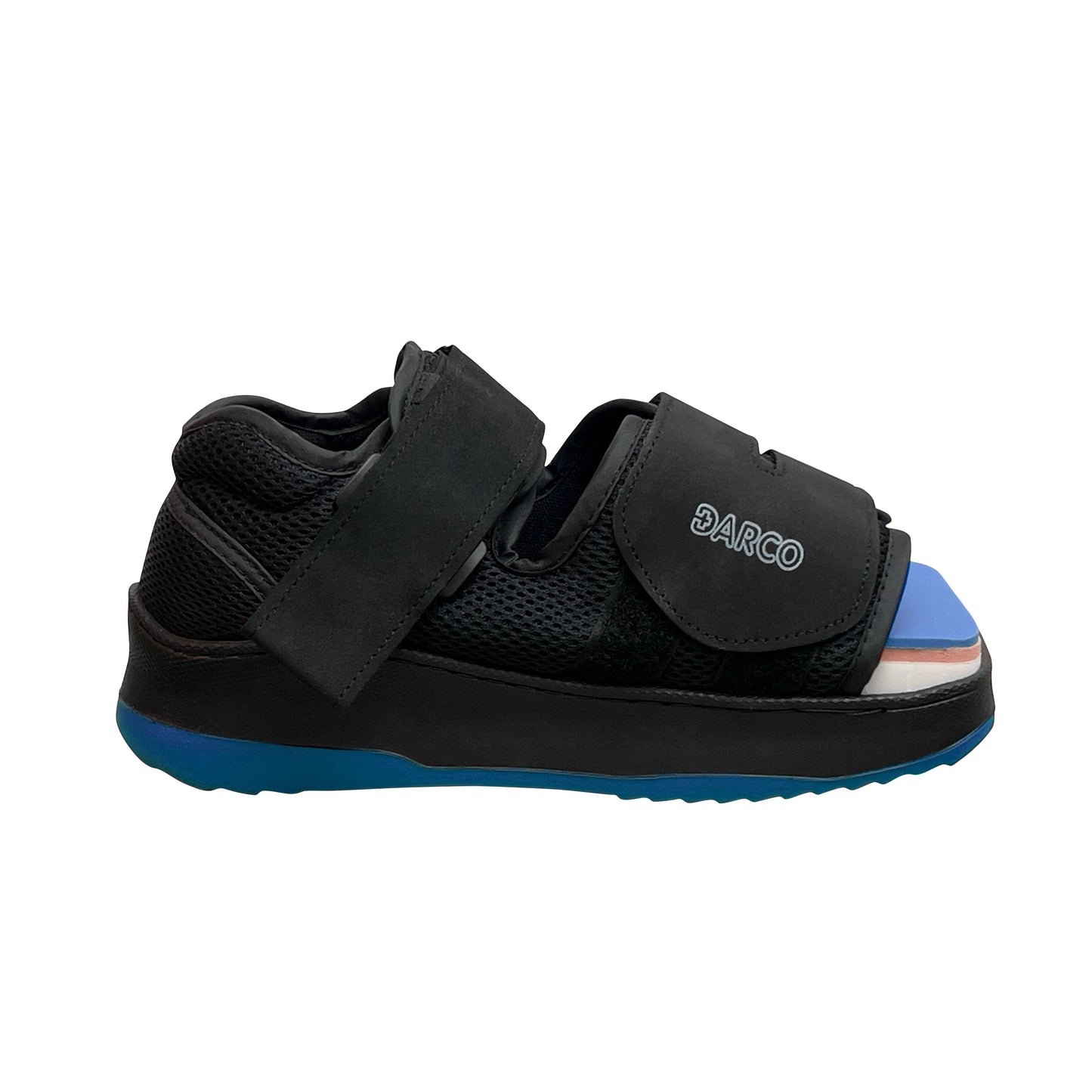 DARCO DUO Pro Wound Care Shoe in black with two adjustable straps and a blue sole, designed for post-operative foot care.