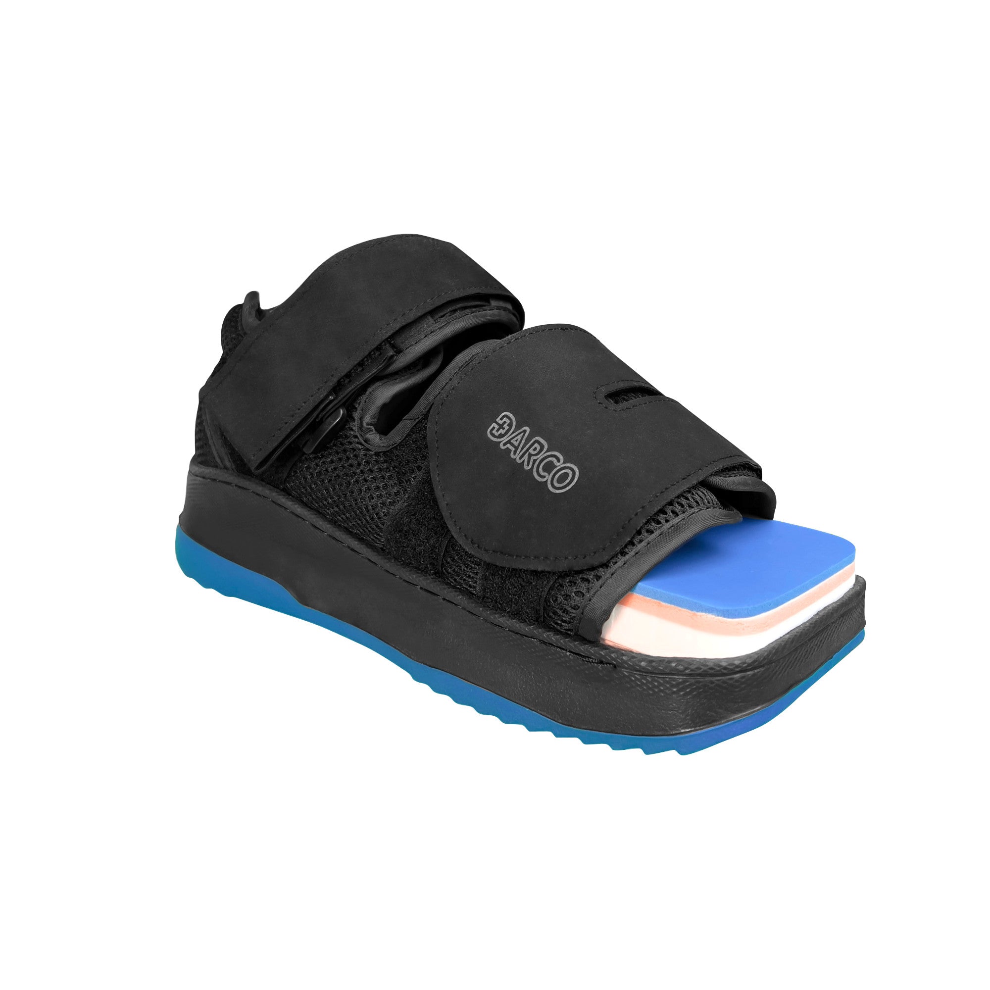 The DARCO DUO Pro Wound Care Shoe is a black medical shoe with adjustable straps and a thick sole featuring layered blue and pink foam.