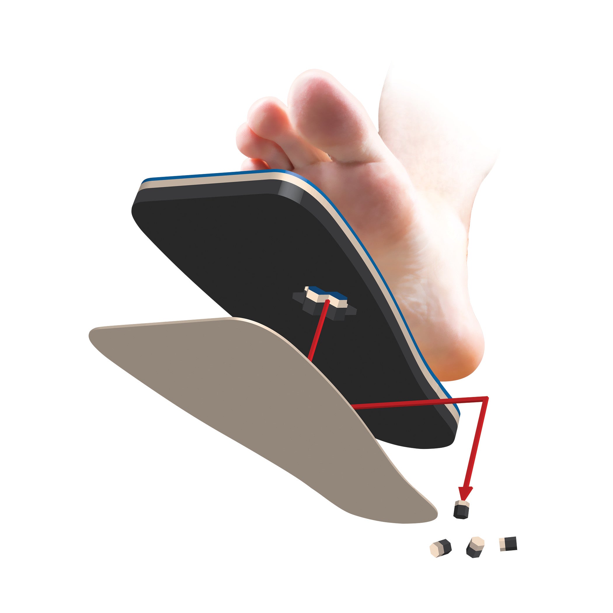 A foot above a DARCO PegAssist Five Size Offloading Insole System, with arrows pointing to adjustable pegs being removed for customization.