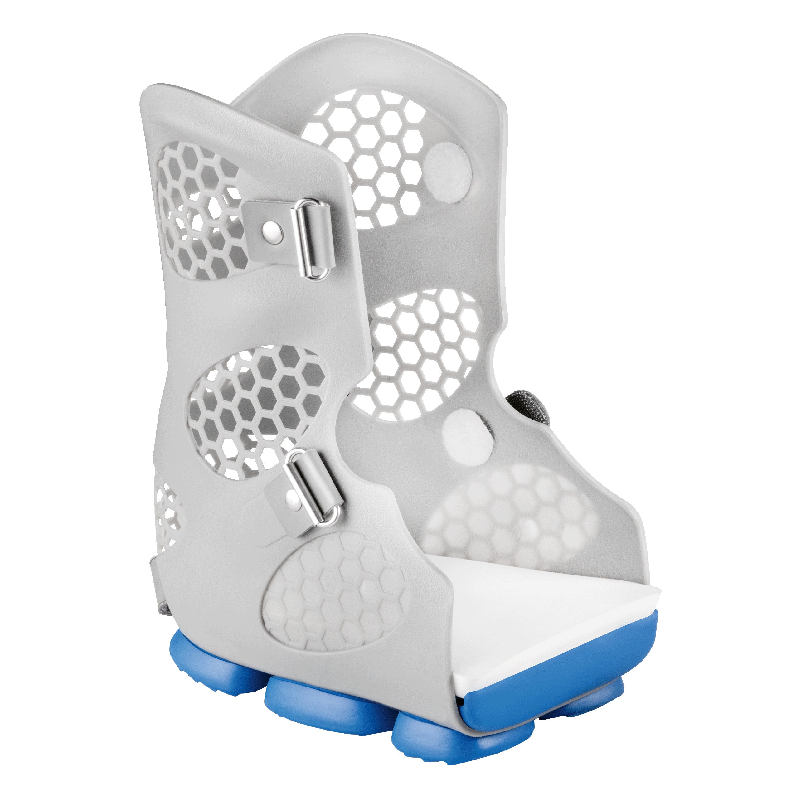 The DARCO Body Armor PFA Walker is a gray orthopedic boot with hexagonal cutouts, metal buckles, and a blue sole.