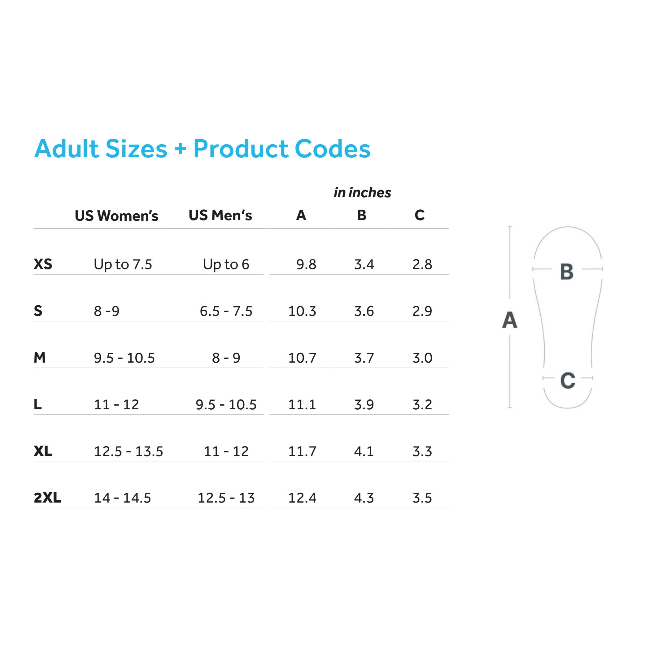 Size chart for DARCO AllRound Shoe with measurements in inches for US Women's, US Men's, sizes XS to 2XL, and SKU numbers.